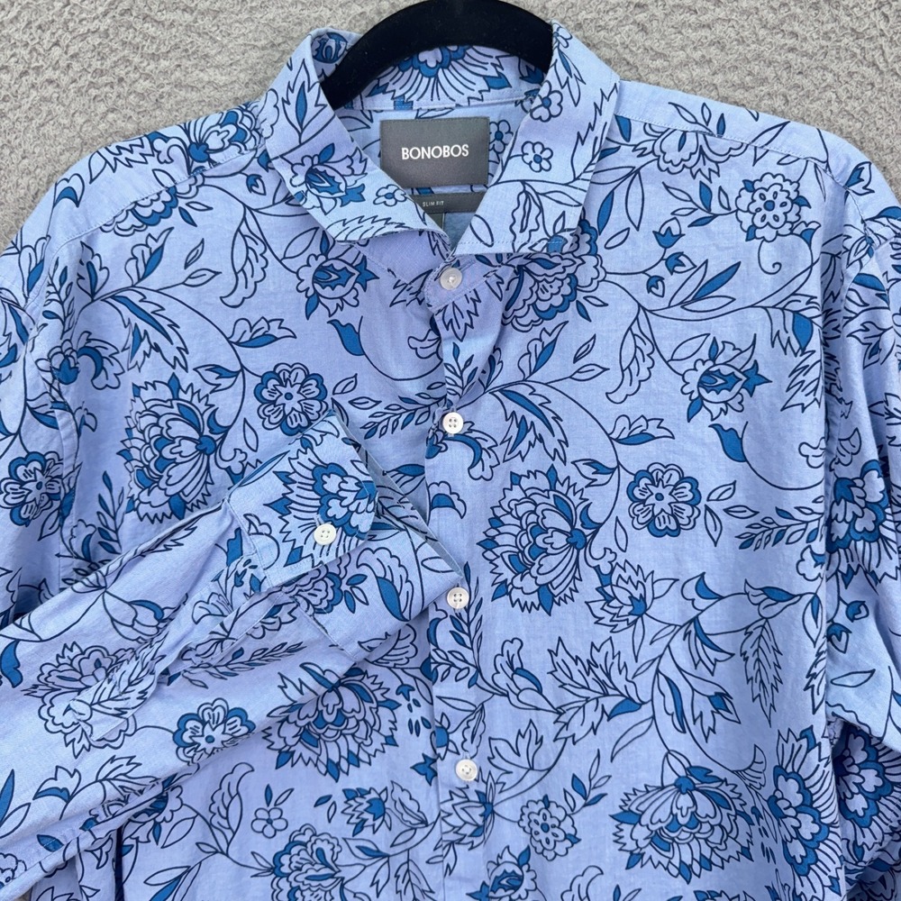 Bonobos Shirt Mens XL Blue Slim Fit Floral Button Office Preppy Maximalist Bold